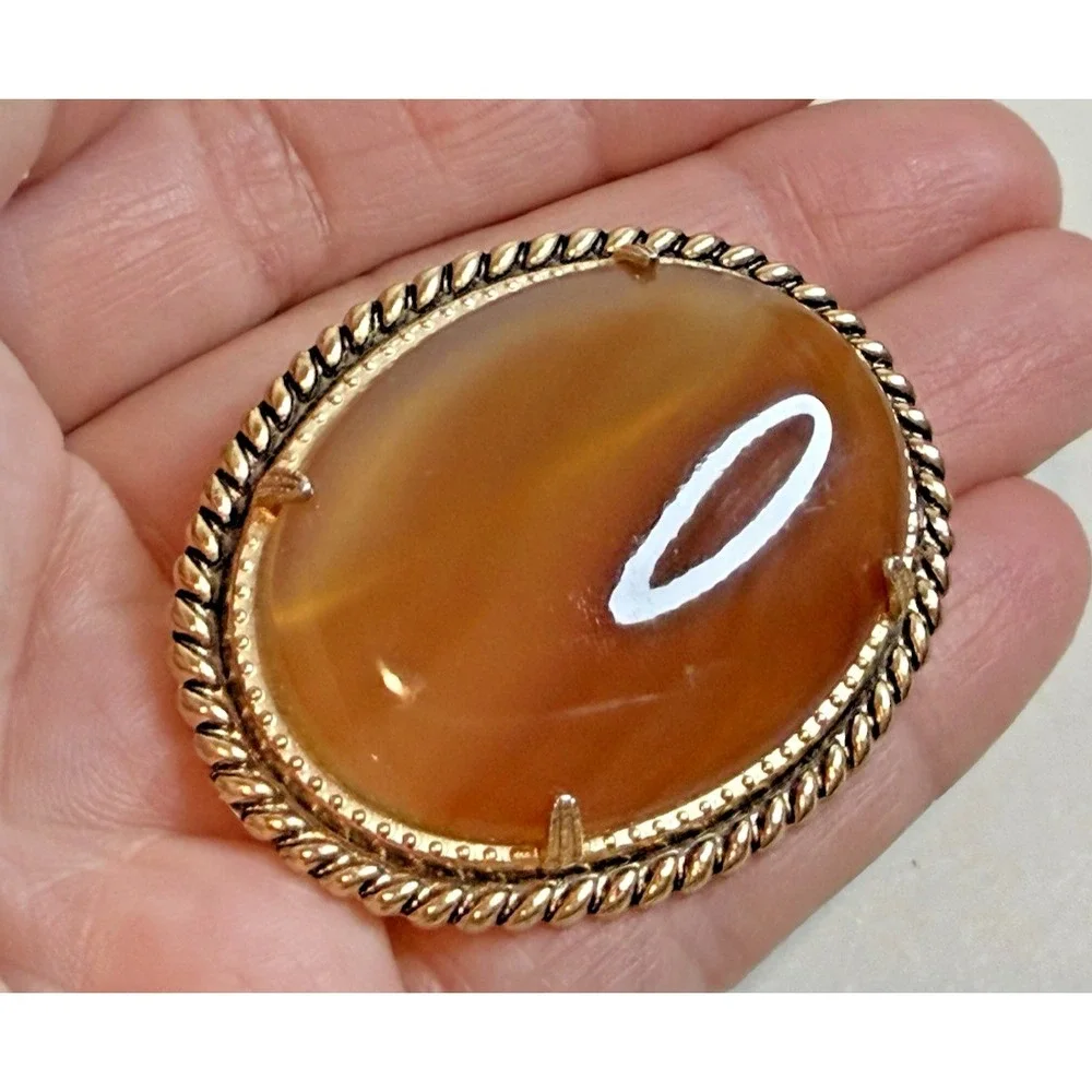 Vintage Orange Banded Agate Twisted Rope Oval Large Brooch Pin Retro‎ Silver